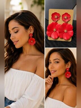 Red Matte 2-Tier Flower Drop Earrings | Lightweight Floral Statement Earrings